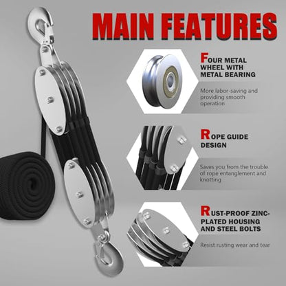 YATOINTO Rope Hoist Pulley System with Metal Bearing Rope Guide, 4400LB Pulley Block and Tackle, 8:1 Ratio Lifting Power 65ft, Heavy Duty Pulley Block for Hunting Lifting Garage Warehouses Building - size: (Anti-tangle)4 Pulley