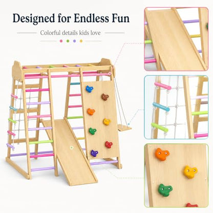 Indoor Playground Jungle Gym Playset, Wooden Pikler Montessori Climber with Slide, Swing, Rope Ladder, Monkey Bars, Climbing Net & Rock Wall, 9-in-1 Toddler Climbing Toy for Kids Indoor Playroom