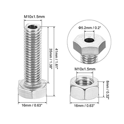 PATIKIL M10x35mm Hollow External Hexagon Screw, 2 Set Cylindrical Lamp Threading Socket Screws Through Hole Bolt with Nut 304 Stainless Steel - size: 35mm
