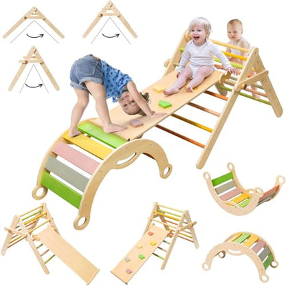 deli 7 in 1 Pikler Triangle Set, Large Size Toddler Climbing Triangle Set, Wooden Baby Jungle Gym Indoor, Foldable Montessori Climbing Set with Ramp, Arch & Climbing Triangle | Toddler Climbing Triangle Set, Wooden Baby Jungle Gym Indoor, Foldable Montess