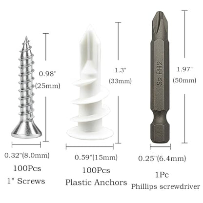 200Pcs Drywall Anchors and Screws Kit, 100Pcs Self-Drilling Plastic Wall Anchors with 100Pcs #8 Phillips Screws & PH2 Bit, Heavy Duty Anchors for Hanging Pictures, Shelves, Home Mounting - size: 1 Inch