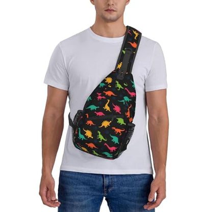 Cartoon Dinosaur Crossbody Sling Bags for Women Men Colorful Dinosaur Silhouettes Childish Pattern Travel Sling Backpack Casual Shoulder Bag Cute Animal Print Gym Sports Hiking Daypack - color: Green Yellow Red