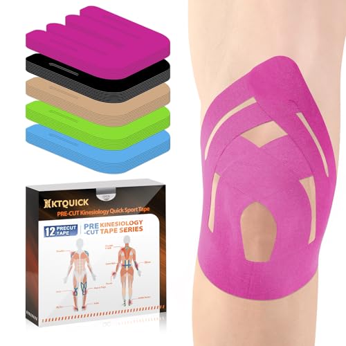 KTQUICK Precut Kinesiology Tape for Knees,12 PCS,20% Stronger Adhesive Pink | Upgraded Designed Knee Tape with Premium Cotton, Breathable, Waterproof, Latex-Free Athletic Tape for Running, Gym & Hiking - color: Pink, size: 12PCS