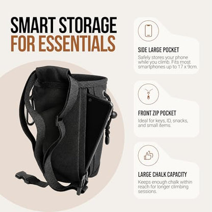 BELLAROCA® Climbing Chalk Bag with Waist Belt and Carabiner – Rigid Rim, Fleece Lining and Anti-Spill Drawstring Chalk Pouch for Rock Climbing and Bouldering
