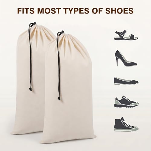 12 Pcs Dust Bags for Shoes Travel, 18x9 Inch Shoe Travel Bags for Suitcase, Single Shoe Pouch Storage Organizer, Cotton Drawstring Bag for Sneakers Boots Handbags, Beige
