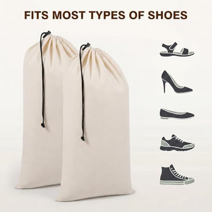 12 Pcs Dust Bags for Shoes Travel, 18x9 Inch Shoe Travel Bags for Suitcase, Single Shoe Pouch Storage Organizer, Cotton Drawstring Bag for Sneakers Boots Handbags, Beige