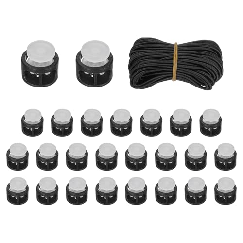uxcell 25 Pcs Double Hole Cord Locks with 32.8 ft Elastic Cord, 14mm Nylon Spring Toggle Stopper Clip for Backpack Shoelaces Drawstring Paracord Pants, Black Base/Translucent - color: Black Base/Translucent, size: 14mm