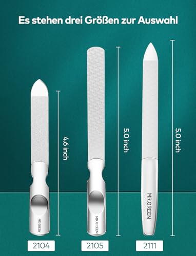 MR.GREEN Professional Double Sided Stainless Steel Nail File with Non-Slip Handle and Leather Case, Pointed Nail Buffering Files Washable - size: MR-2111