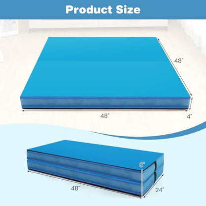 Goplus 4" Thick Folding Gymnastic Mat, Thickened Bi-Fold Fitness Mat with Carrying Handles & PU Leather Cover, Home Gym Tumbling Mat for Stretching, Pilates, Aerobics Workouts - color: Blue