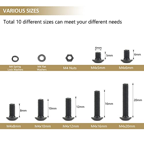 382 Pieces Black M4 x 5/6 /8/10 /12/16 /20mm Button Head Socket Cap Screws Nuts Washers Assortment Kit, 10.9 Grade Alloy Steel - size: M4, style: Button Head
