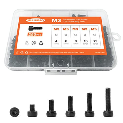 M3 x 4mm 6mm 8mm 10mm 12mm Hex Socket Head Cap Screws Bolts, 12.9 Grade Alloy Steel, Black Oxide Finish, Metric Allen Hex Drive, Machine Fully Threaded, Assortment Kit 250PCS - size: M3 x 4/6/8/10/12mm (250PCS)