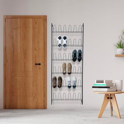 MyGift 70 Inch Black Metal Wall Mounted Shoe Rack with 36 Hooks | Holds 18 Pairs, Efficient Vertical Design, 36 Hanging Points, Slim Profile, Small Space Solution, Easy Access Setup - color: Black (6 Tier, 18 Pairs)