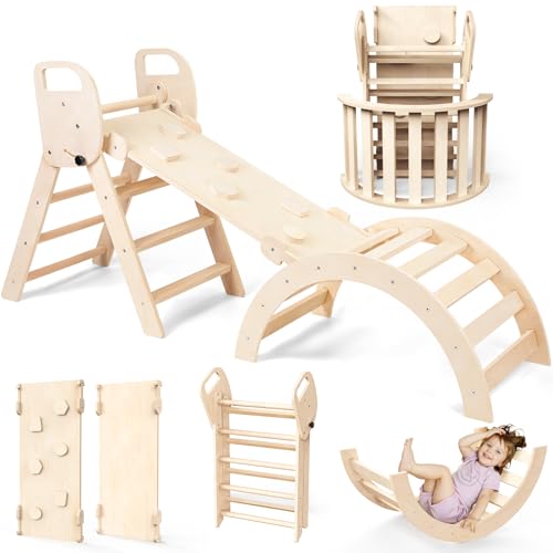 Norbee Pikler Triangle Set Foldable Wooden Toddler Climbing Toys Indoor, Playground Jungle Gym for Kids, Montessori Climbing Set for Toddlers - color: Natural, size: 6-piece set