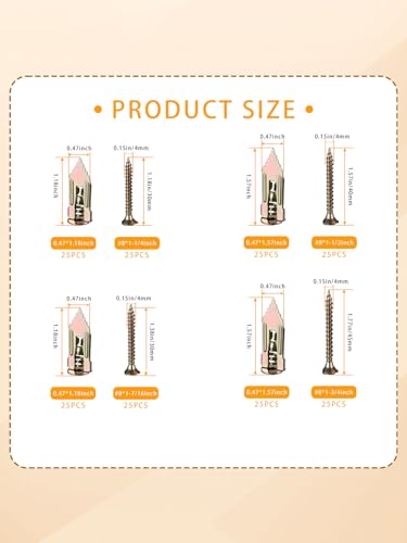 Self Drilling Drywall Anchors Kit - 200PCS, 2 Sizes Sheetrock Anchors & 4 Sizes Screws, Zinc Plated Steel, No Drill or Holes in Wall, For TV, Wall Hanging, Cabinets - size: MDZT-200PCS