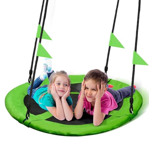 40 Inch Saucer Tree Swing Flying 900lb Weight Capacity 2 Added Hanging Straps Adjustable Multi-Strand Ropes Colorful Safe and Durable Swing Seat for Children-Green - color: Green, size: 40 IN