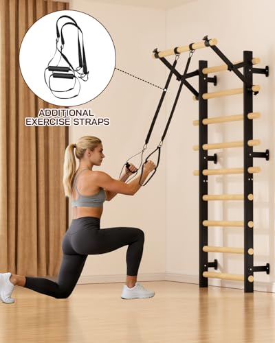 Swedish Ladder Wall Gym, Wooden Wall-Mounted Stall Bars with Pull-up Bar & Exercise Straps & Dip Bars, Stretching Ladder Full Body Home Gym Adults New - color: Black