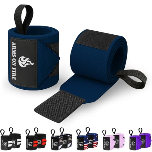TECEUM Weightlifting 18" & 12" Wrist Wraps with Thumb Loop – Heavy Duty Wrist Workout Braces for Men and Women – Ideal for Powerlifting, Strength Training, Bodybuilding - color: Navy Blue, style: 12" – Arms on Fire