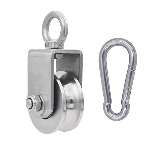 Cable Pulley + Carabiner Duplex Bearing 360 Degree Rotation Loading 1760lb/800Kg for Pulley System DIY Attachment Lifting Blocks,hoists,Ladder Lift,DIY Home Projects, Clothesline, Shop Lifts - size: 137mm+Carabiner