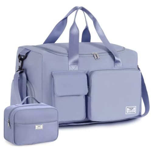 FIORETTO Women's Gym Duffle Bag with Shoes Compartment, 30L Capacity, Ideal for Travel, Gym, Sports, Duffel, Weekender - color: Grayish Blue, style: Gym Bag With Toiletry Bag