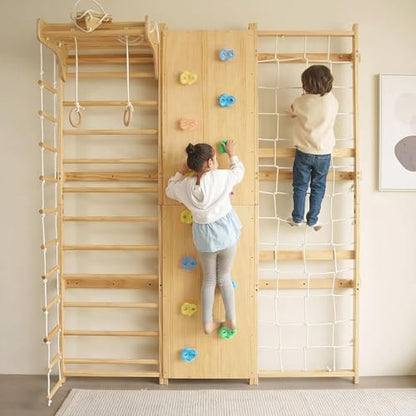 Avenlur Walnut 9-in-1 Swedish Ladder Wall Gym Kids, Indoor Climbing Wall | 2 Heights: 78.8" or 94.5" Montessori Indoor Playground & Jungle Gym, Rock Climbing Wall for Kids, Rope Ladder, Slide, Swing - size: 79" Height
