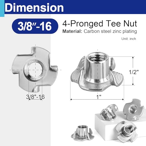 50PCS 3/8"-16 T Nuts for Wood, Zinc-Plated 4-Prong Tee Nuts | Carbon steel construction, Hammer-in installation design - style: 50 PCS 3/8"-16 Size