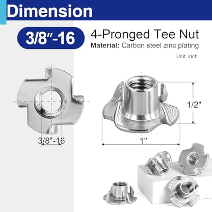 50PCS 3/8"-16 T Nuts for Wood, Zinc-Plated 4-Prong Tee Nuts | Carbon steel construction, Hammer-in installation design - style: 50 PCS 3/8"-16 Size