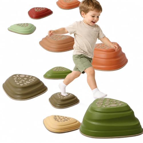 makarci Stepping Stones for Kids 11pcs Obstacle Courses Play Indoor Outdoor, Full Rubber Rim Plastic Hilltop for Kids Balance and Integration Improvement Age 3 4 5 6 7 8 +（Forest） - color: Morandi