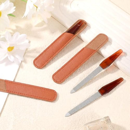 3 Pack Nail File Metal Sharp Pointed Tip with Leather Sheath Case 5 Inch | Double Sided Grit Nails for Natural Non Slip Handle Fingernail Files Stainless Steel Manicure for Women