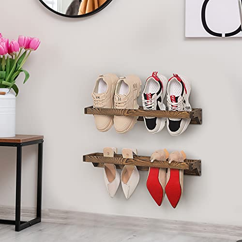 MyGift Set of 2 Solid Wooden Wall Mounted Shoe Rack Storage Organizer with Rustic Burnt Wood Finish, Hanging Footwear Holder for Closet, Mudroom, Entryway, Holds 4 Pairs - color: Rustic Burnt Brown