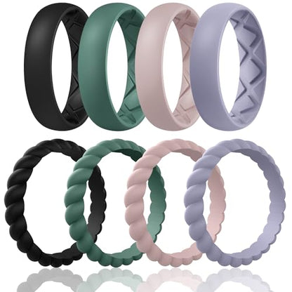 Egnaro Women's Stackable Silicone Rings, 2.5/5.5mm Wide 1.8/2mm Thick Bands | Comfort-Fit Rubber Bands Offer Breathable Flexibility for Nurses, Workouts, Pregnancy, Yoga, Travel, Office, and All-Day Wear - color: SETD6-Black, Green, Bright Peach, Cloudy B