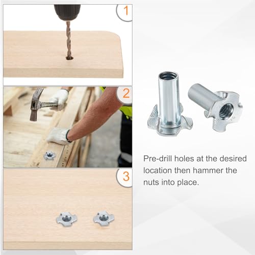 HARFINGTON 1/4x11mm T-Nuts 4 Pronged Tee Nut 0.68" x 0.43" Half Thread Carbon Steel Inserts for Wood, Rock Climbing Holds, Cabinetry, Furniture 50pcs - size: 1/4" x 0.43" x 0.68" x 0.43"