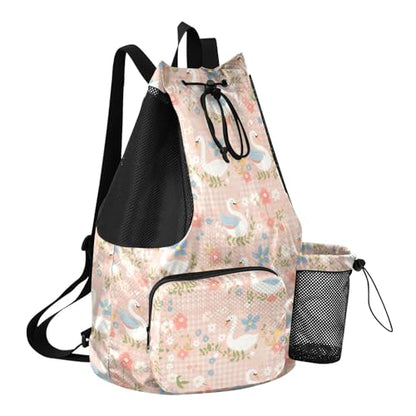 Drawstring Bags For Men Women Climbing Gym Bag With Inside Pockets Cinch Bags Waterproof Peach Spring Plaids Swan