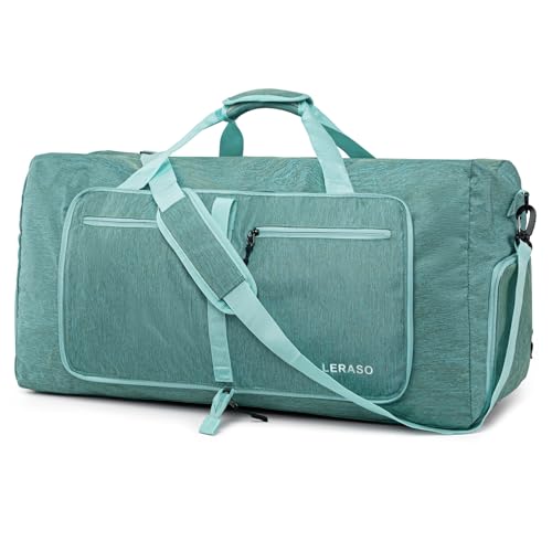 65L Foldable Duffle Bag with Shoe Compartment - Large Travel Duffel Bag for Men & Women, Packable Weekend Bag with Trolley Sleeve, Water-Resistant & Lightweight Gym Bag for Travel, Sports（Green） - color: Green