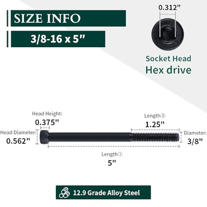 3/8-16 x 5 Socket Head Cap Screws Bolts, 12.9 Grade Alloy Steel, Black Oxide Finish, Allen Hex Drive, Partial Thread, 6 PCS - size: 3/8-16 x 5"