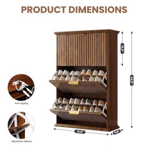 Walnut Hidden Shoe Storage Cabinet,Narrow Shoe Rack Cabinet with 3 Flip Drawers,Freestanding Shoe Organizer for Entryway