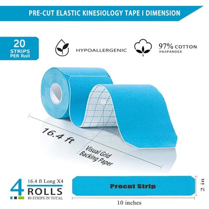Kinesiology Tape Pro Precut - 4Rolls,80 Strips | Original Cotton Athletic Muscle Tape 66 ft, Breathable Elastic Latex Free Sport Tape for Knee Elbow Muscle Joint & Pain Relief (Black) - color: 4-rolls(precut-black)