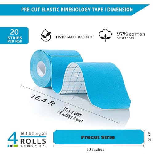 Kinesiology Tape Pro Precut - 4Rolls,80 Strips | Original Cotton Athletic Muscle Tape 66 ft, Breathable Elastic Latex Free Sport Tape for Knee Elbow Muscle Joint & Pain Relief (Black) - color: 4-rolls(precut-black)
