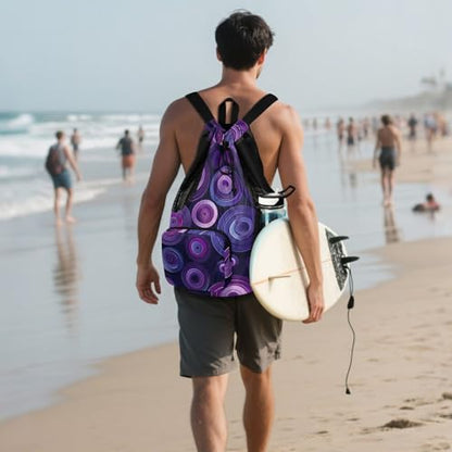 Drawstring Climbing Gym Bag With Inside Pockets Drawstring Bags For Men Women with Wet Dry Compartments Circle Pattern Amethyst