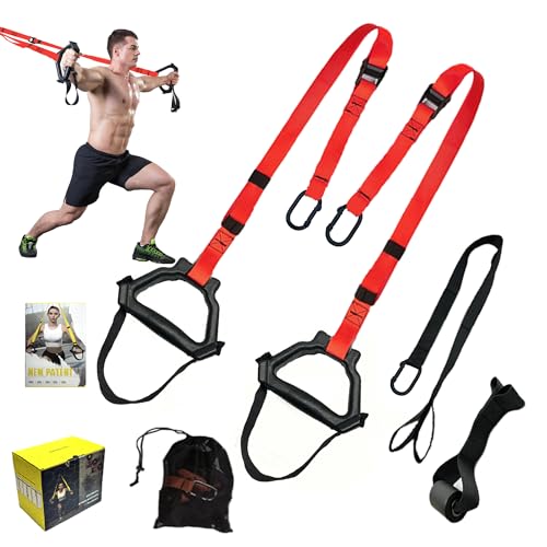 Bodyweight Resistance Training Straps, Complete Home Gym Fitness Trainer kit for Full-Body Workout, Included Door Anchor, Extension Strap, Fitness Guide - color: Red