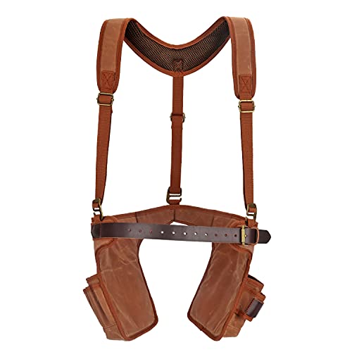 Tool Belt Bag with Suspenders-Carpenter Electrician Padded 5+ Pockets-Small | Heavy Duty Work Belt ,with Hammer Holder, Fit 28-42 inch Waist,Oil-Waxed Canvas, Leather Reinforcement, Multi-purpose Pockets
