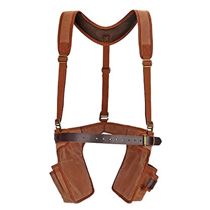 Tool Belt Bag with Suspenders-Carpenter Electrician Padded 5+ Pockets-Small | Heavy Duty Work Belt ,with Hammer Holder, Fit 28-42 inch Waist,Oil-Waxed Canvas, Leather Reinforcement, Multi-purpose Pockets
