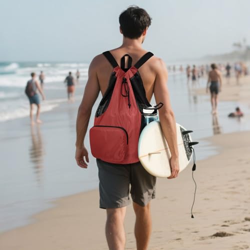 Drawstring Climbing Gym Bag With Water Bottle Pocket Beach Backpack Drawstring with Wet Dry Compartments Brown Solid Color Pure Plain Terracotta