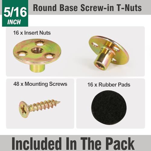 FoDau770 5/16"-18 Brad Hole T-Nut with Screws, Zinc Plated Carbon Steel 3-Hole T-Nuts, Insert Female Thread Mounting Fastener for Wood Furniture and DIY Project - 16 Set (64 Pieces) - size: 5/16"-18
