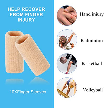 Finger Compression Sleeves, 10 Pcs | Finger Protectors Cots for Arthritis Swelling Basketball Sport, Breathable Elastic - color: Beige