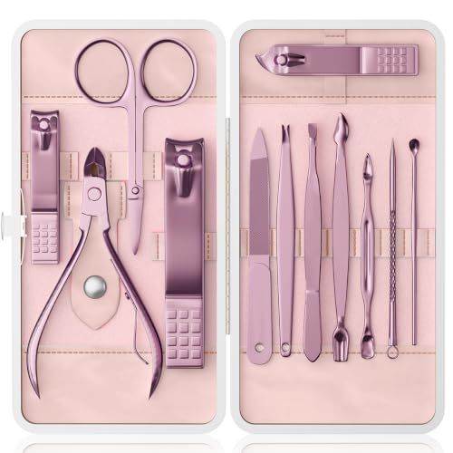 Manicure Set, Stainless Steel Nail Clipper Set with Travel Case | 12-Piece Set with Thicker Steel, Precision-ground Cutting Edges, and Smooth-finished Tools for Clean, Precise Trimming. - color: Rose Purple