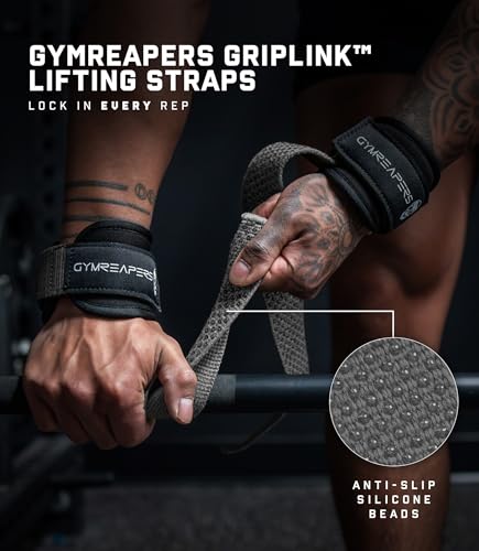Gymreapers GripLink Lifting Straps – Heavy Duty D-Ring Weight Lifting Wrist Straps with Anti-Slip Silicone Grip Beads, Adjustable Support for Deadlifts, Powerlifting, Cable Machines & Gym Training - color: Gray