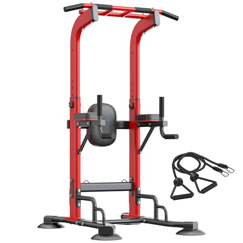 SogesHome Pull Up Bar and Dip Station, Heavy Duty Adjustable Home Gym Equipment for Strength Training, Multifunctional Workout Bar with Resistance Bands – Full Body & Core Exercise - color: Red-Cords
