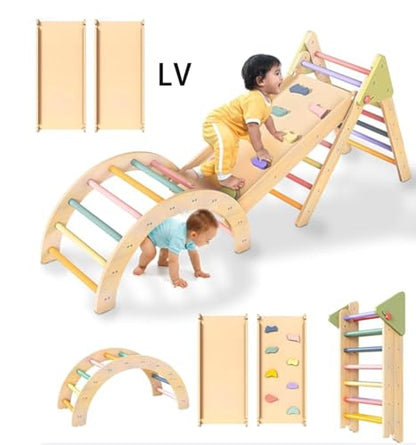 Pikler Triangle Set with Cushion, Arch and Slide, Toddler Climbing Toys Indoor Playground, Montessori Climbing Set, Indoor Jungle Gym, Wooden Pickler-3 Piece Climbing Gym for Kids 1.5-6yr