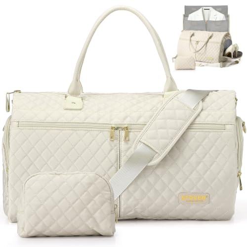 STOVER Women’s Convertible Garment Duffel Bag for Travel – 2-in-1 Carry-On Weekender/Overnight Tote - Wrinkle-Free Dresses, Suits & Clothes + Shoe Compartment & Bonus Toiletry Bag (Cashmere Cream) - color: Cashmere Cream