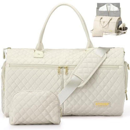 STOVER Women’s Convertible Garment Duffel Bag for Travel – 2-in-1 Carry-On Weekender/Overnight Tote - Wrinkle-Free Dresses, Suits & Clothes + Shoe Compartment & Bonus Toiletry Bag (Cashmere Cream) - color: Cashmere Cream